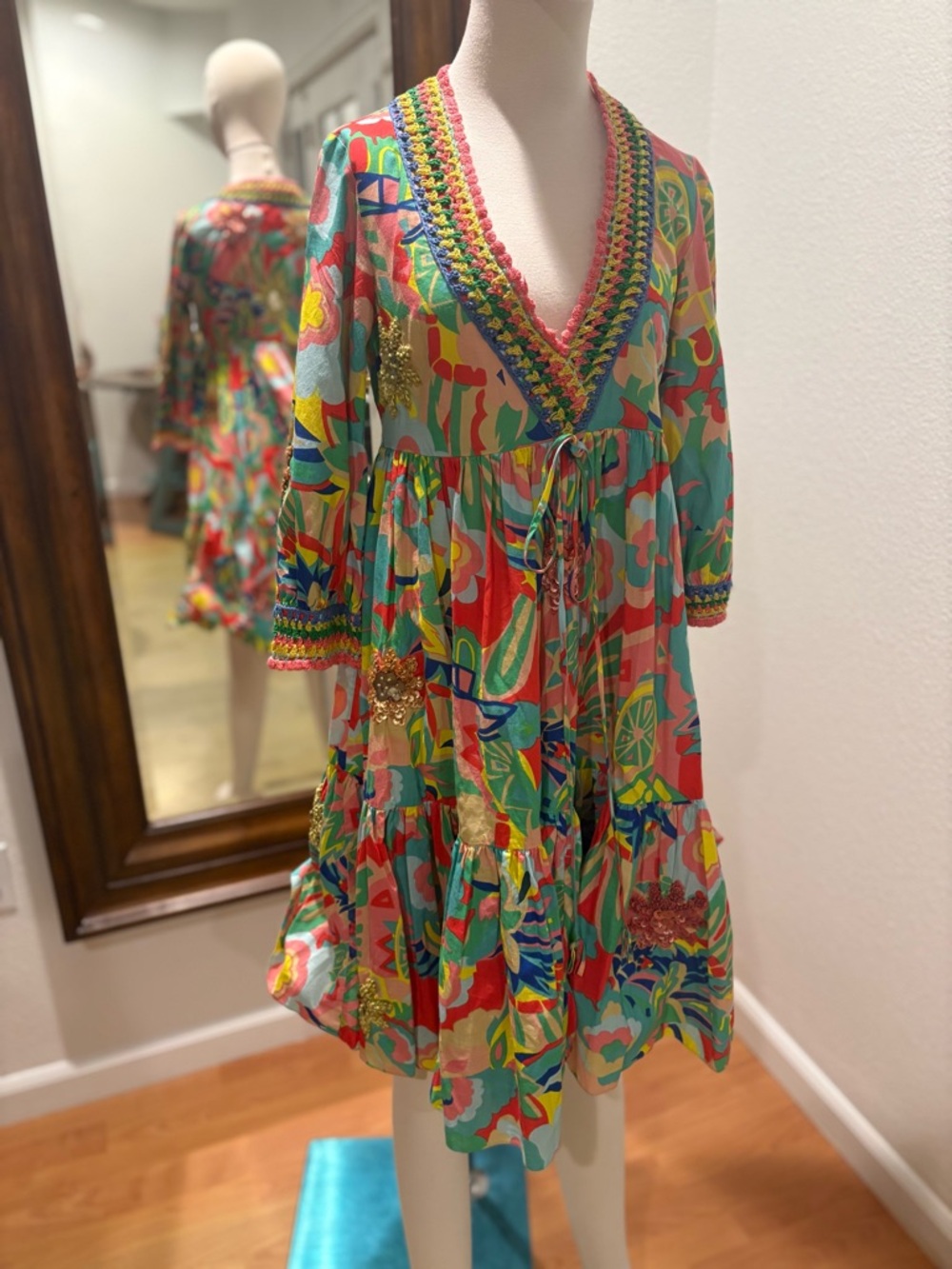 Twin-Set Multicolor Floral Crochet-Trim Mini Dress